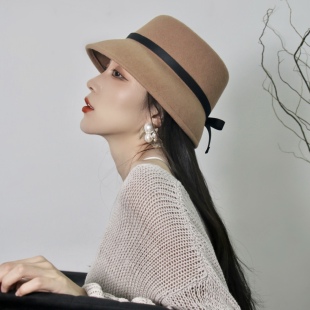 秋冬赫本小沿帽子日系渔夫盆帽法式复古纯羊毛蝴蝶结凹顶毛呢帽子