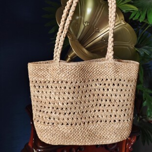 韩系镂空钩花拉菲草单肩包手工针钩编织包小众手提草编包度假包女