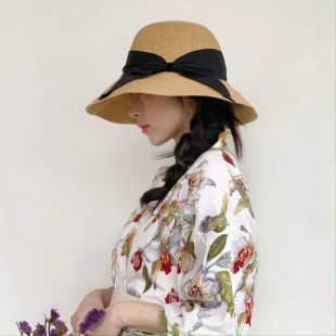 日系帽子女夏季可折叠沙滩帽遮阳防晒海边度假蝴蝶结出游草帽子女
