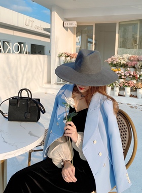 秋冬毛呢帽子女欧美英伦名媛复古雾霾灰大檐礼帽韩版羊毛爵士帽