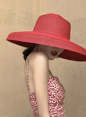 欧美风格春夏出游红色赫本风复古遮阳帽女度假防晒沙滩帽时尚草帽
