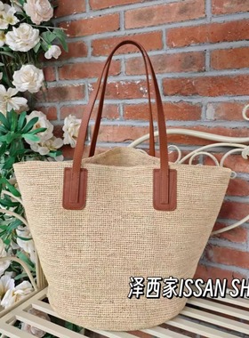 欧美时尚简约拉菲草手工编织包女大容量单肩包度假包牛皮带托特包