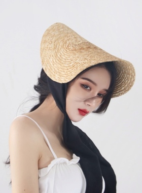 法式复古优雅萝莉小清新系带麦秆草帽女夏季遮阳度假写真旅拍帽子