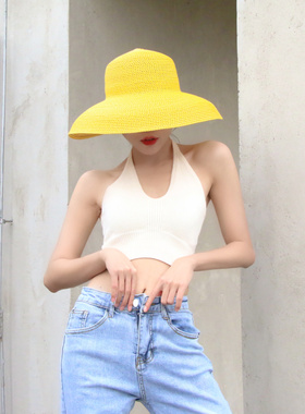 欧美风格法式复古黄色赫本风钟型大帽檐沙滩帽度假防晒出游草帽子