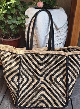 韩系黑白条纹五面拉菲草托特包女士单肩手提包休闲度假时尚大容量