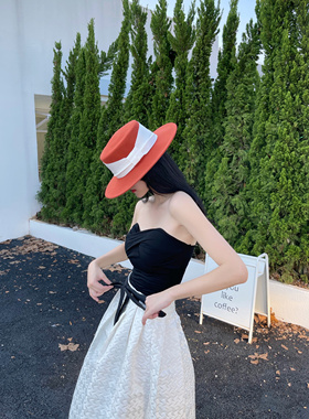 欧美风格秋冬新款法式复古平顶羊毛呢砖红色白织带英伦礼帽毛毡帽