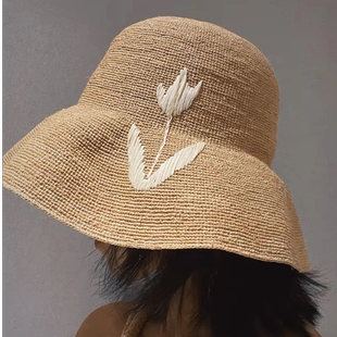 日系拉菲草手工編織郁金香草帽女夏季 防曬遮陽(yáng)帽海邊度假沙灘帽女