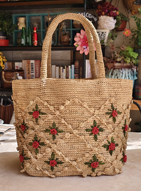 拉菲草立体玫瑰花手提包复古手工单肩包精致钩花草编包女夏沙滩包