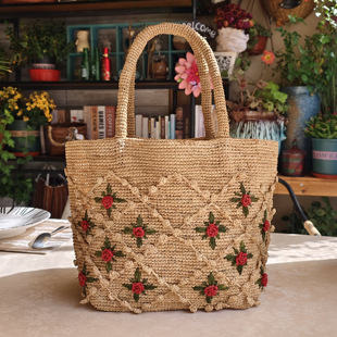 拉菲草立体玫瑰花手提包复古手工单肩包精致钩花草编包女夏沙滩包