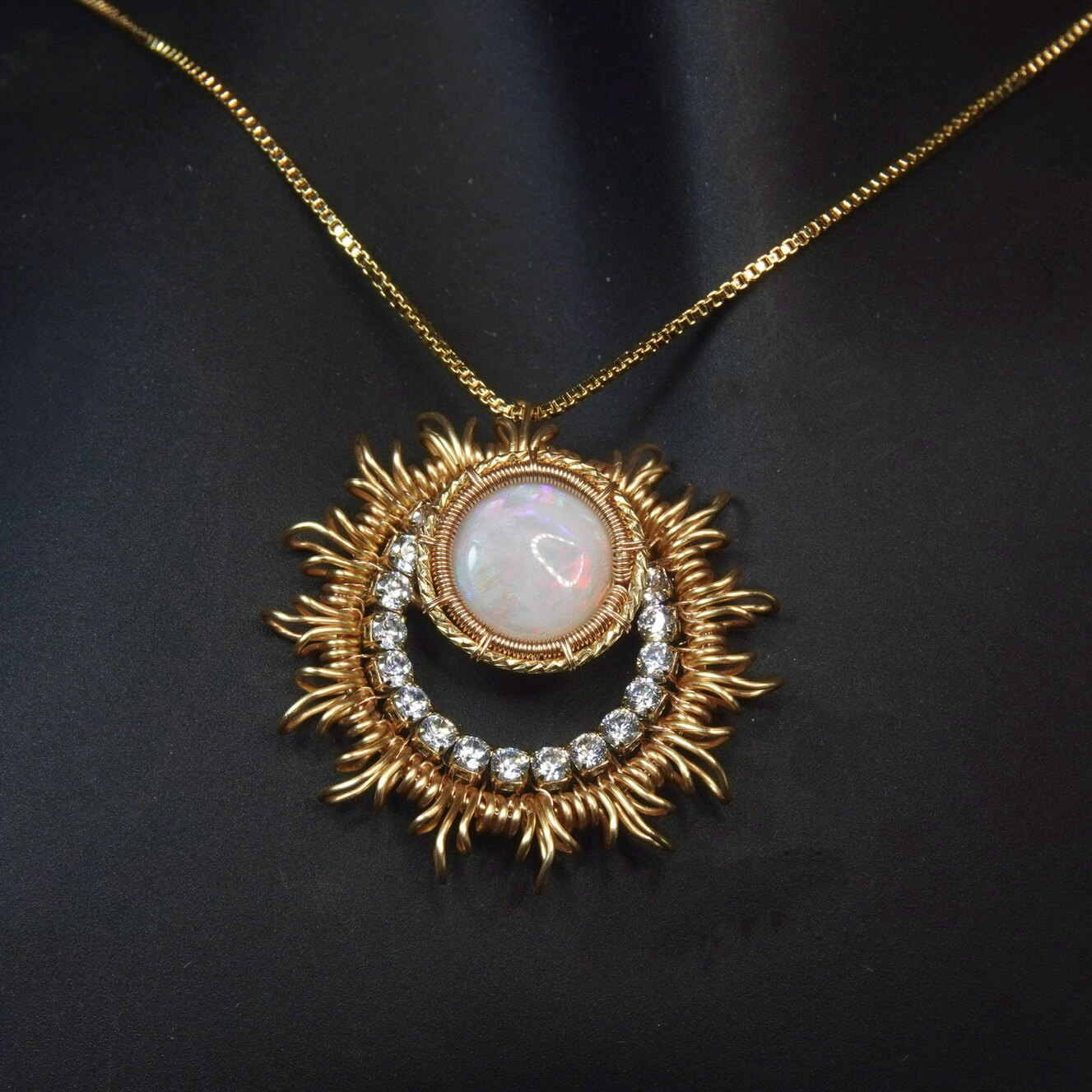 太阳之子澳大利亚白欧泊项链吊坠14k包金绕线