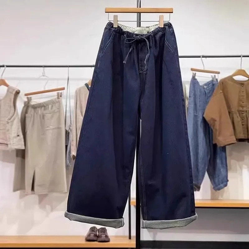 胖mm大码300斤复古松紧腰抽绳水洗牛仔阔腿裤女春秋高腰直筒长裤,女装/女士精品,大码裤装,淘宝优惠券,粉丝福利购,淘宝优惠卷