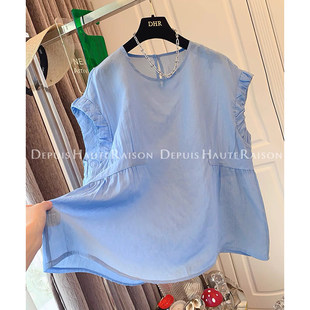 褶皱短袖 法式 衬衫 女夏季 减龄上衣 胖mm特大码 宽松薄款 300斤飞飞袖