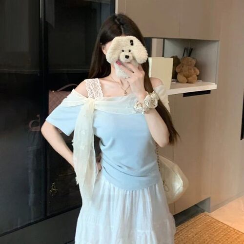 胖mm特大码300斤蕾丝拼接一字肩短袖t恤女夏季设计感显瘦露肩上衣