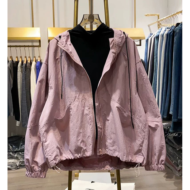 胖mm特大码2-300斤宽松抽绳连帽外套女春秋薄款时尚拉链休闲上衣