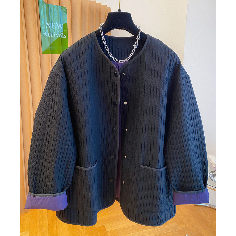 胖mm特大码250斤轻薄夹棉外套女秋冬中长款宽松独特无领按扣棉服