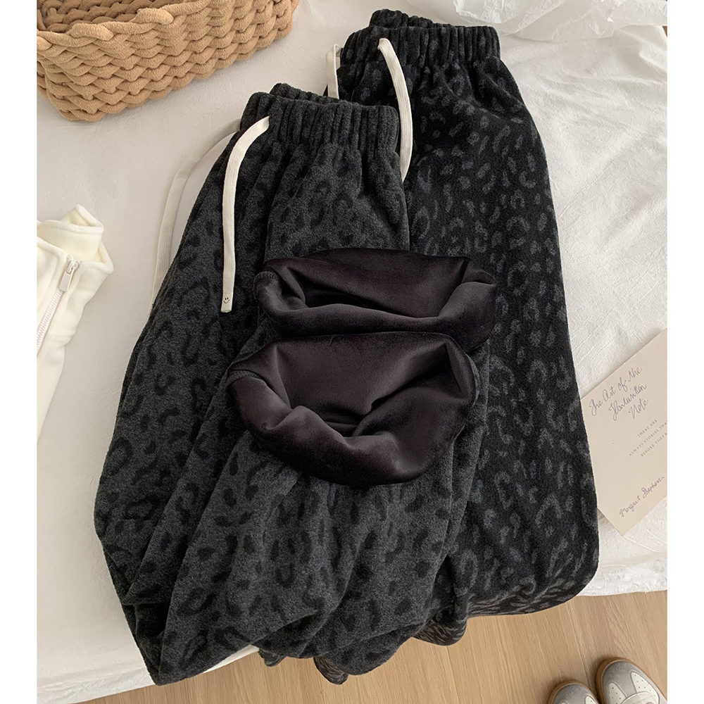 胖mm特大码2-300斤高腰加绒豹纹直筒拖地裤女秋冬阔腿长裤子卫裤