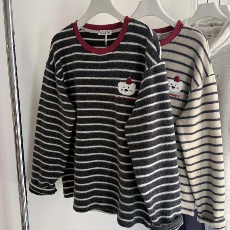 胖mm特大码300斤卡通刺绣红帽小狗条纹上衣韩系磨毛长袖t恤女秋冬