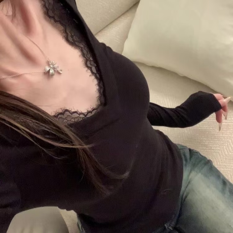 胖mm特大码300斤性感蕾丝花边打底衫春秋款纯欲风修身显瘦长袖T恤