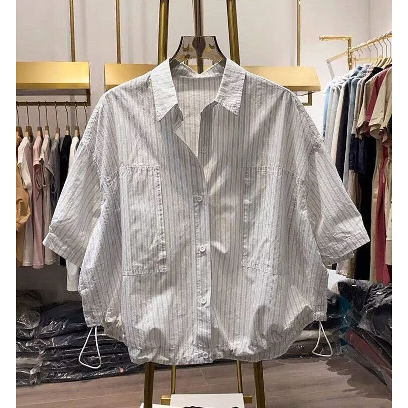 胖mm大码300斤设计感条纹短袖衬衫女夏韩版下摆抽绳宽松显瘦衬衣