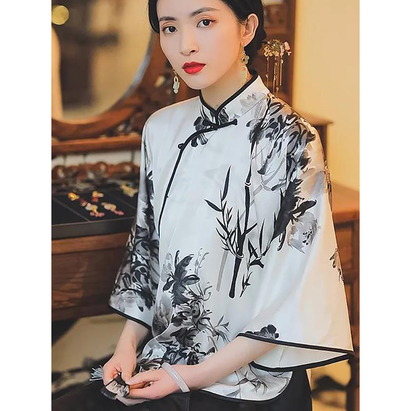 胖mm特大码300斤新中式国风水墨画小衫显瘦盘扣上衣女夏防晒衬衫