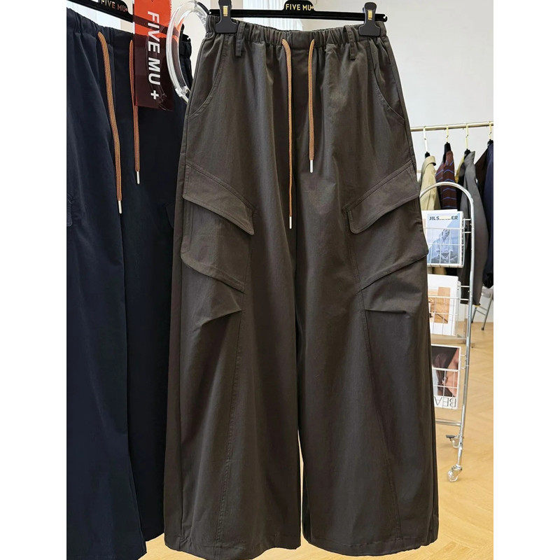 胖mm特大码300斤美式街头复古阔腿工装裤女春秋松紧腰抽绳休闲裤