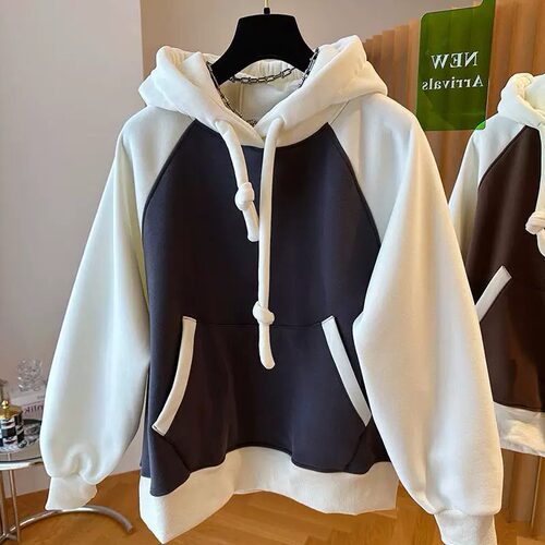 胖mm特大码300斤拼接撞色加厚连帽卫衣女秋冬慵懒风休闲套头上衣