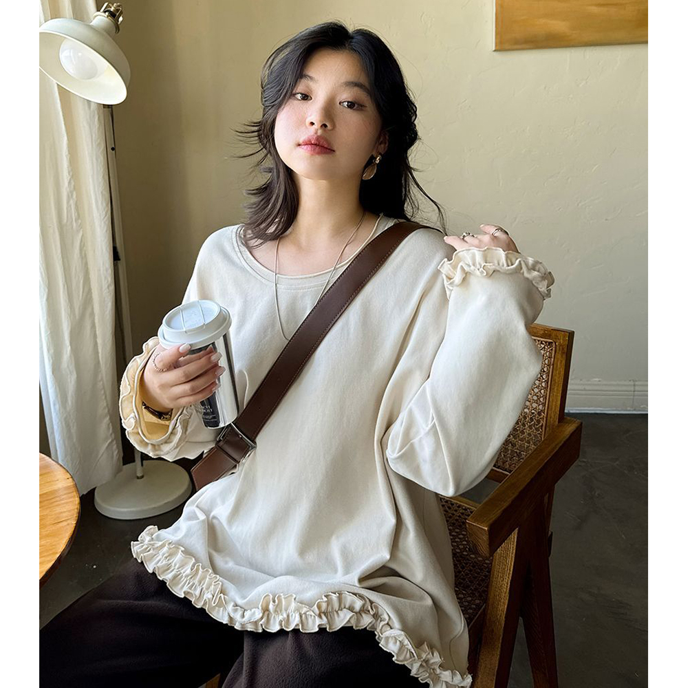 胖mm特大码300斤法式木耳花边长袖T恤女秋冬厚款德绒保暖打底上衣