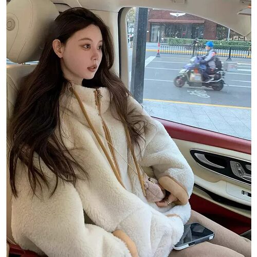 胖mm特大码2-300斤羊羔毛绒外套女秋冬宽松加厚连帽皮毛一体上衣