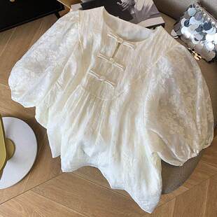 300斤新中式 娃娃衫 国风盘扣衬衫 t恤女夏泡泡袖 上衣 短袖 胖mm特大码