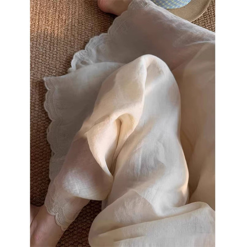 胖mm特大码300斤花边刺绣亚麻裤女夏季设计高级感气质宽松阔腿裤