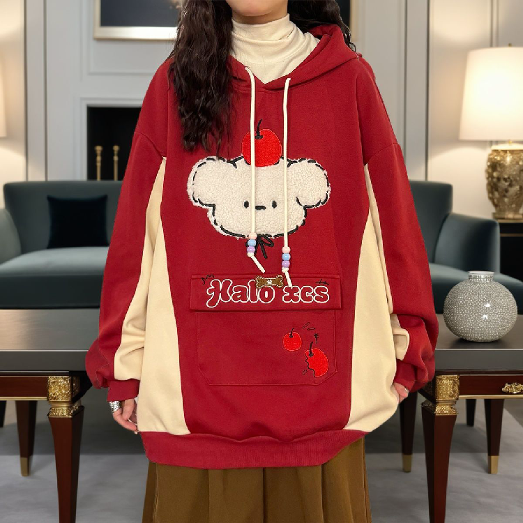胖mm特大码300斤慵懒风苹果小狗植绒刺绣加绒厚款连帽卫衣女秋冬