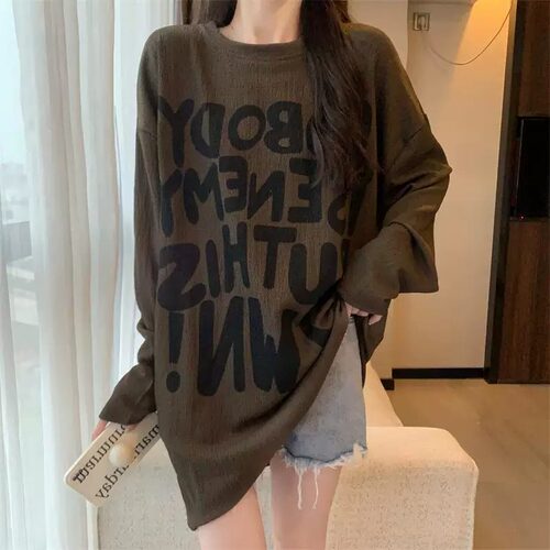 胖mm特大码300斤字母印花慵懒风中长款长袖T恤女春秋宽松休闲上衣