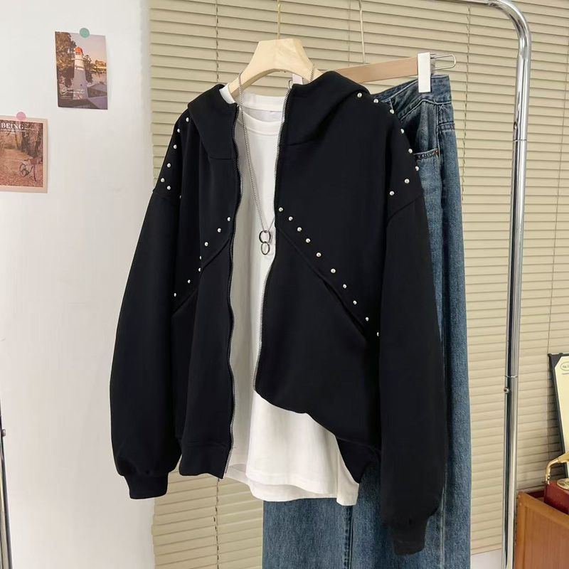 胖mm大码230斤美式杜宾犬高街连帽卫衣女春秋设计感铆钉外套上衣