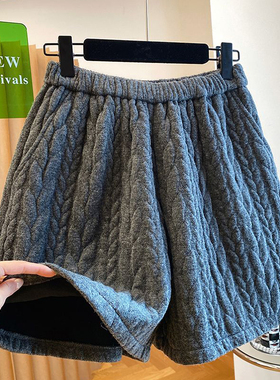 胖mm特大码300斤松紧腰厚款麻花灰色短裤女秋冬宽松百搭a字型靴裤