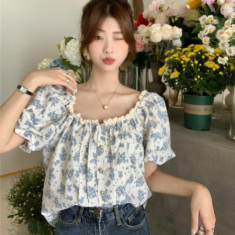 宽松胖mm加肥特大码300斤女夏泡泡袖小清新上衣甜美碎花方领衬衫