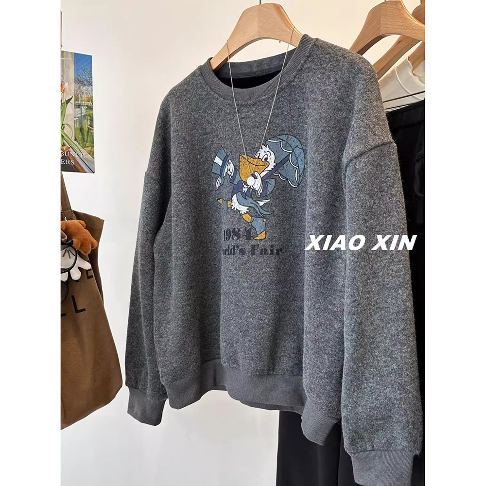 胖mm特大码300斤德绒超柔唐老鸭印花加绒卫衣女秋冬保暖内搭绒衫