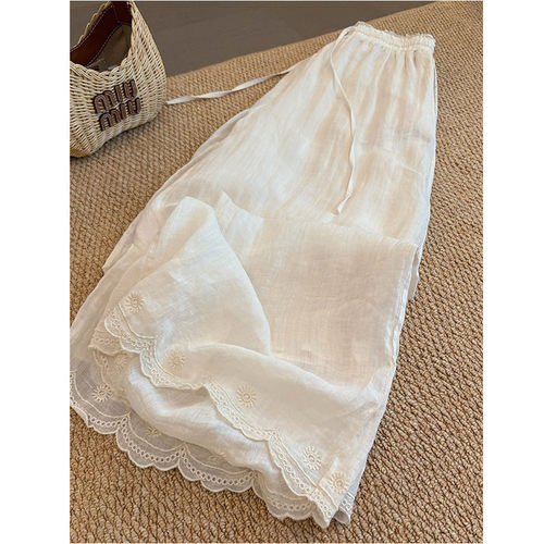 胖mm特大码300斤花边刺绣亚麻裤女夏季设计高级感气质宽松阔腿裤