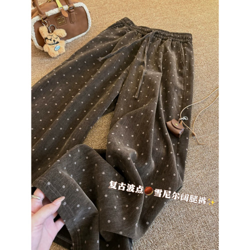 胖mm特大码300斤复古波点印花休闲裤女春秋季宽松美拉德阔腿长裤