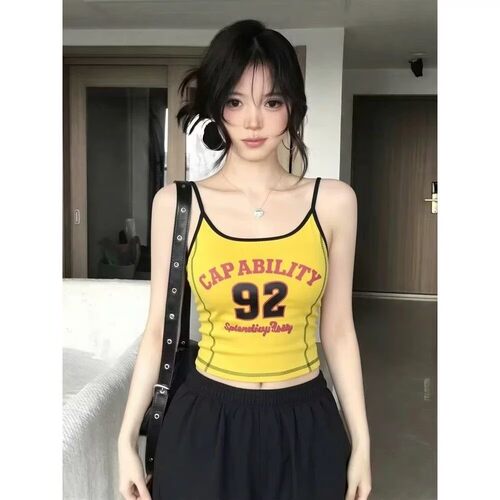 胖mm特大码300斤美式辣妹字母吊带背心女夏修身短款性感无袖上衣
