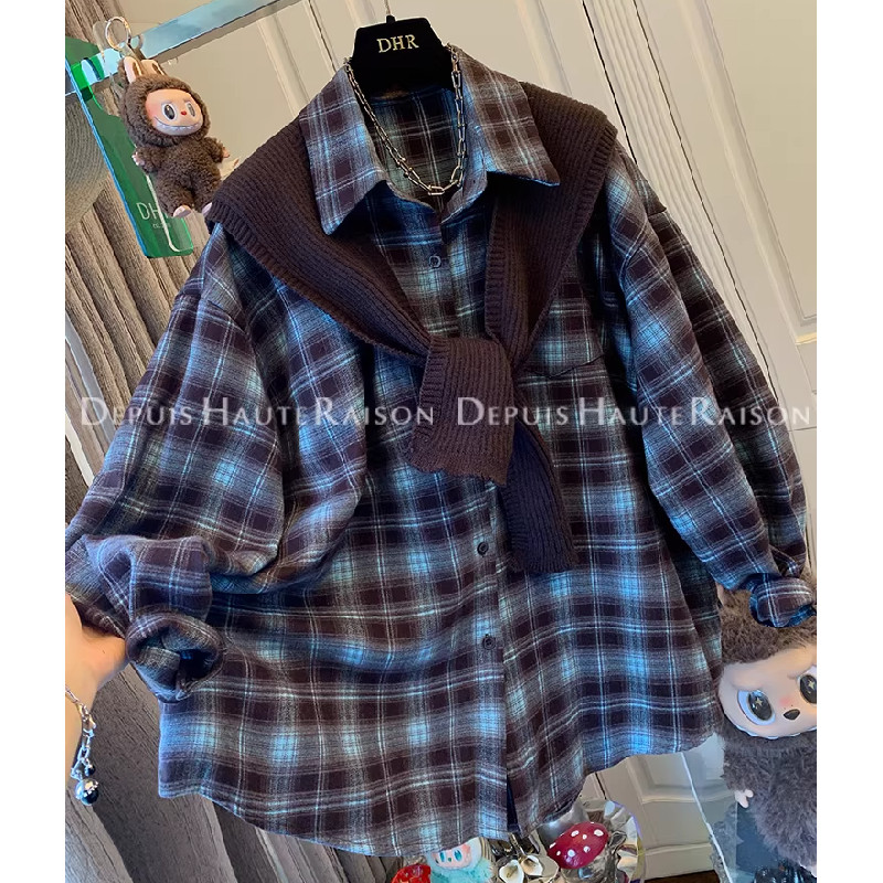 胖mm特大码300斤针织披肩格子长袖衬衫女春秋宽松港风衬衣两件套,女装/女士精品,常规大码外套,淘宝优惠券,粉丝福利购,淘宝优惠卷