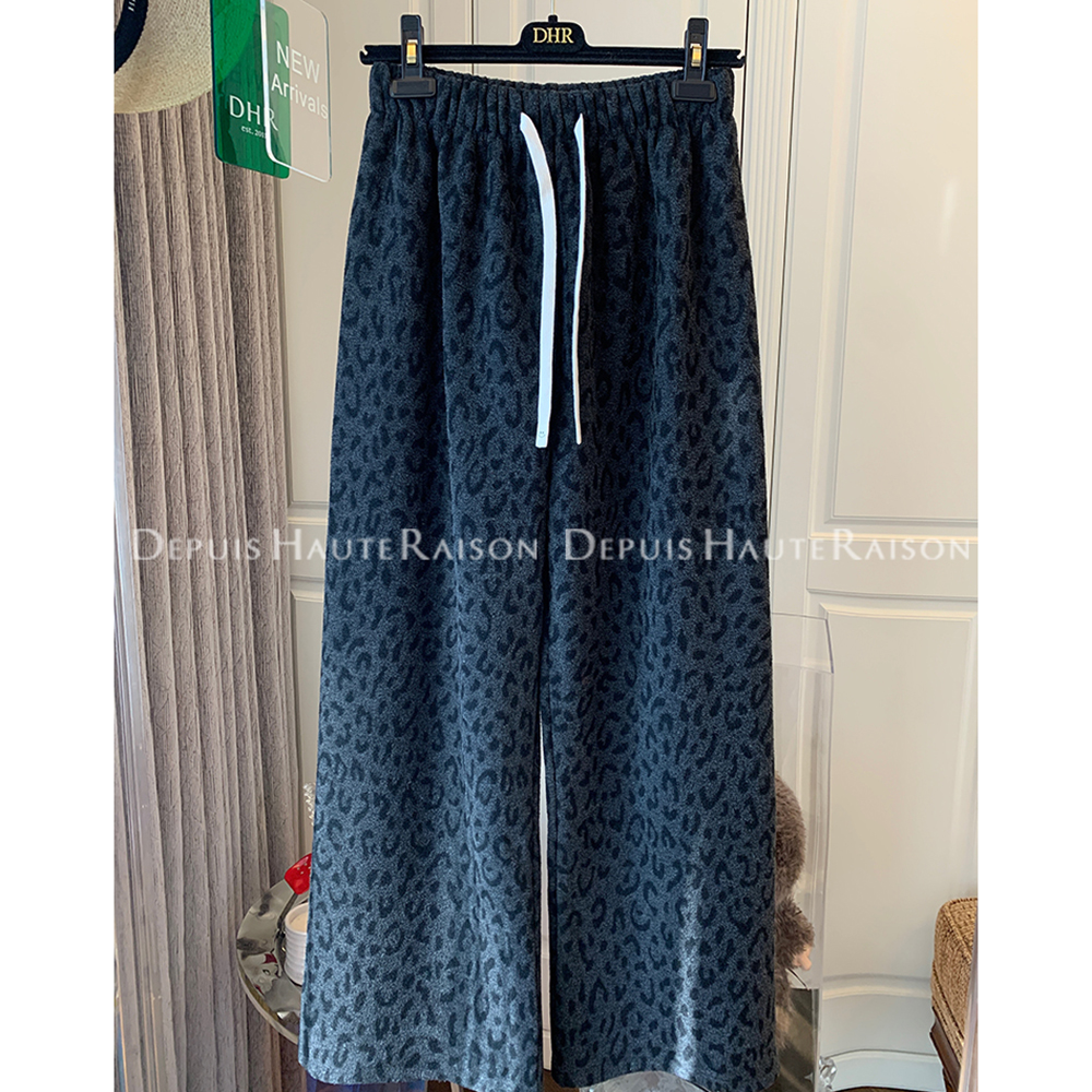 胖mm特大码2-300斤高腰加绒豹纹直筒拖地裤女秋冬阔腿长裤子卫裤