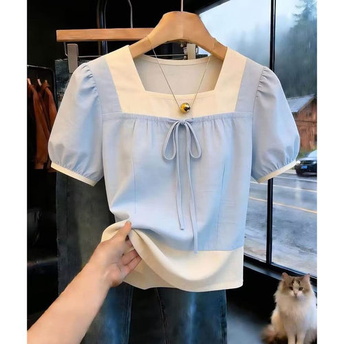 胖mm大码300斤假两件方领泡泡袖系带衬衫女夏设计感漂亮减龄上衣