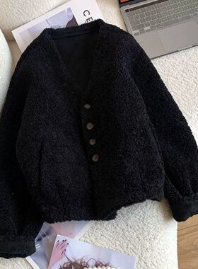胖mm特大码300斤韩版羊羔毛绒短款外套女秋冬宽松高级感气质上衣