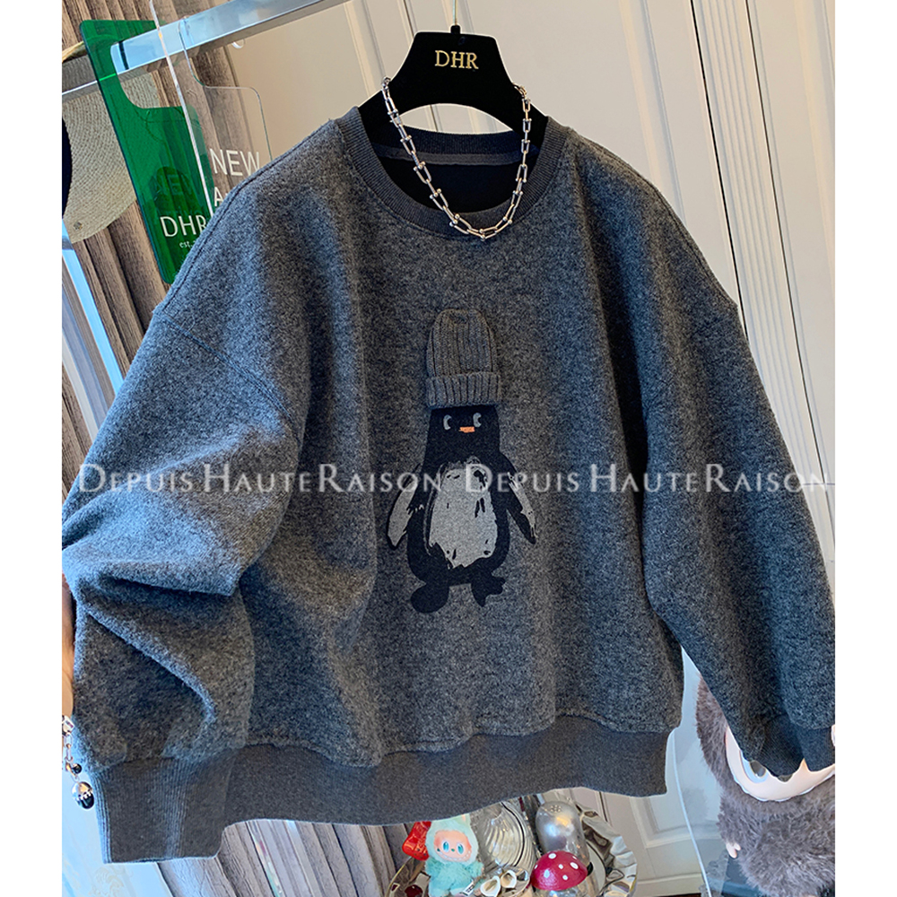 胖mm特大码300斤企鹅印花加绒厚款卫衣女秋冬季磨毛德绒宽松上衣