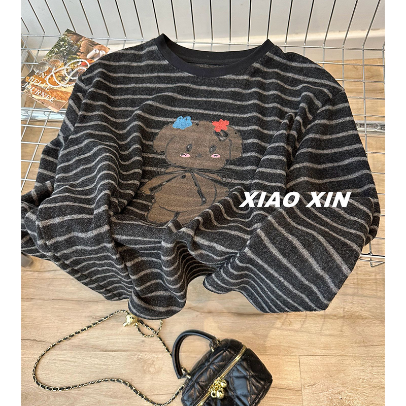 胖mm特大码300斤可爱卡通德绒厚款条纹长袖T恤女秋冬季宽松打底衫