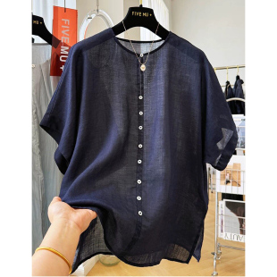 小衫 胖mm特大码 女夏轻薄透视宽松法式 衬衫 衬衣 300斤防晒棉麻短袖