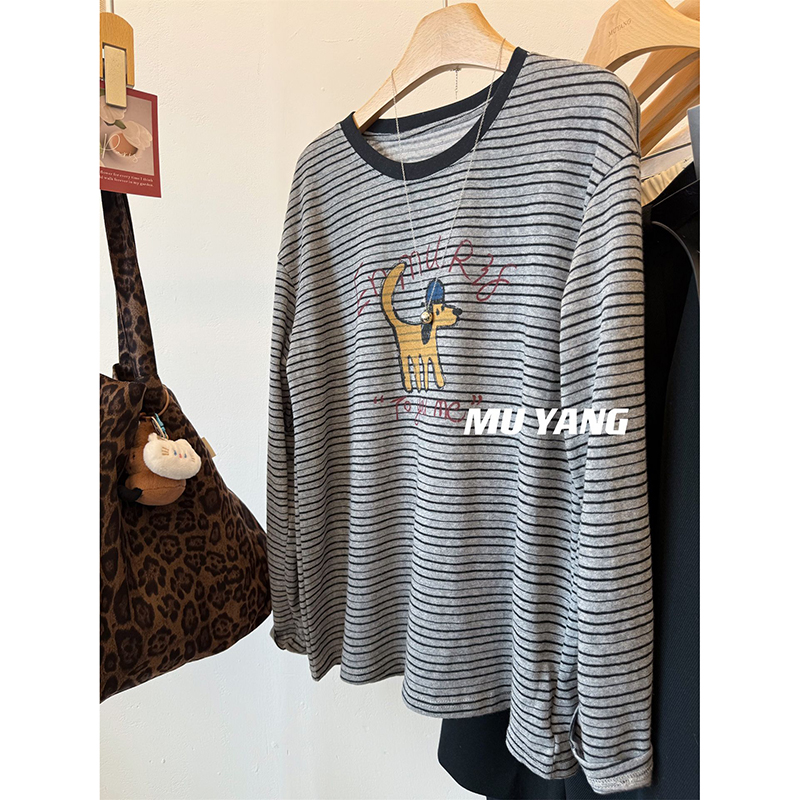 胖mm特大码300斤韩系休闲翘尾巴小狗条纹长袖T恤女春秋款减龄上衣