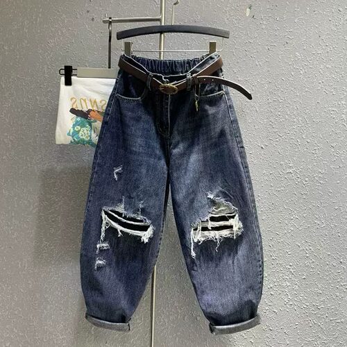 胖mm特大码300斤港味破洞深蓝色老爹牛仔萝卜裤女春秋小脚哈伦裤