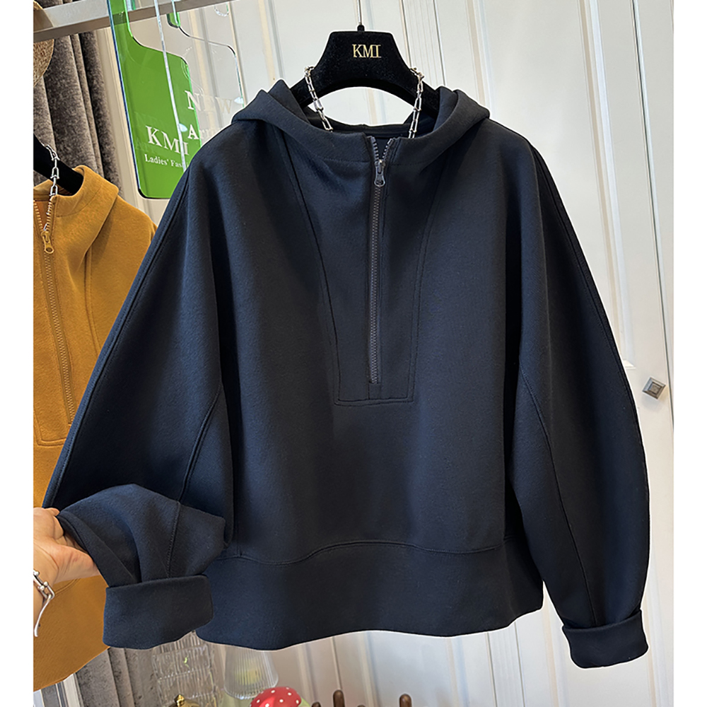 胖mm特大码2-300斤高级感半拉链连帽宽松卫衣女春秋薄款复古外套