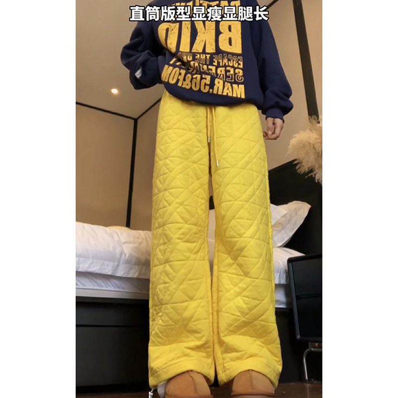胖mm特大码300斤菱格压线夹棉阔腿裤女秋冬休闲直筒束脚保暖棉裤